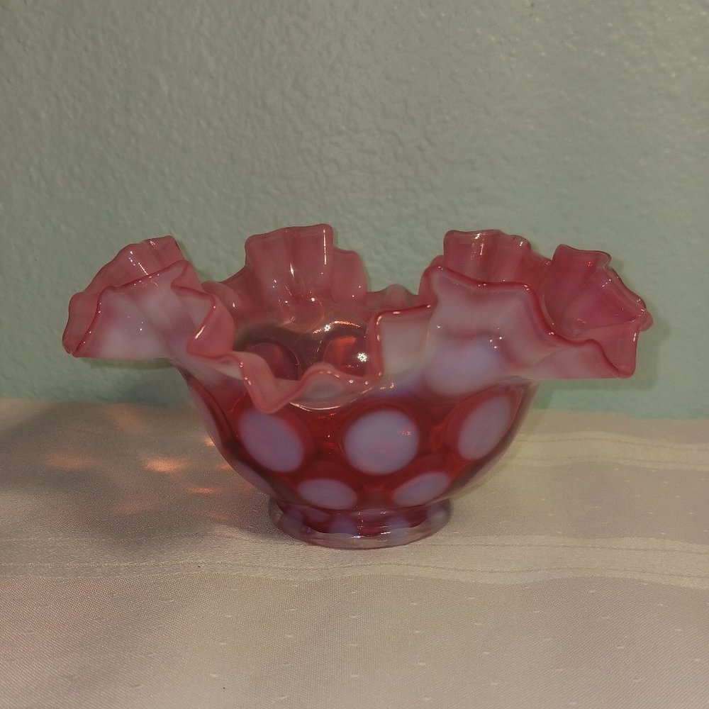 Vintage Fenton Cranberry Opalescent Coin Spot Ruffle Top Dish/Bowl - Picture 3 of 5